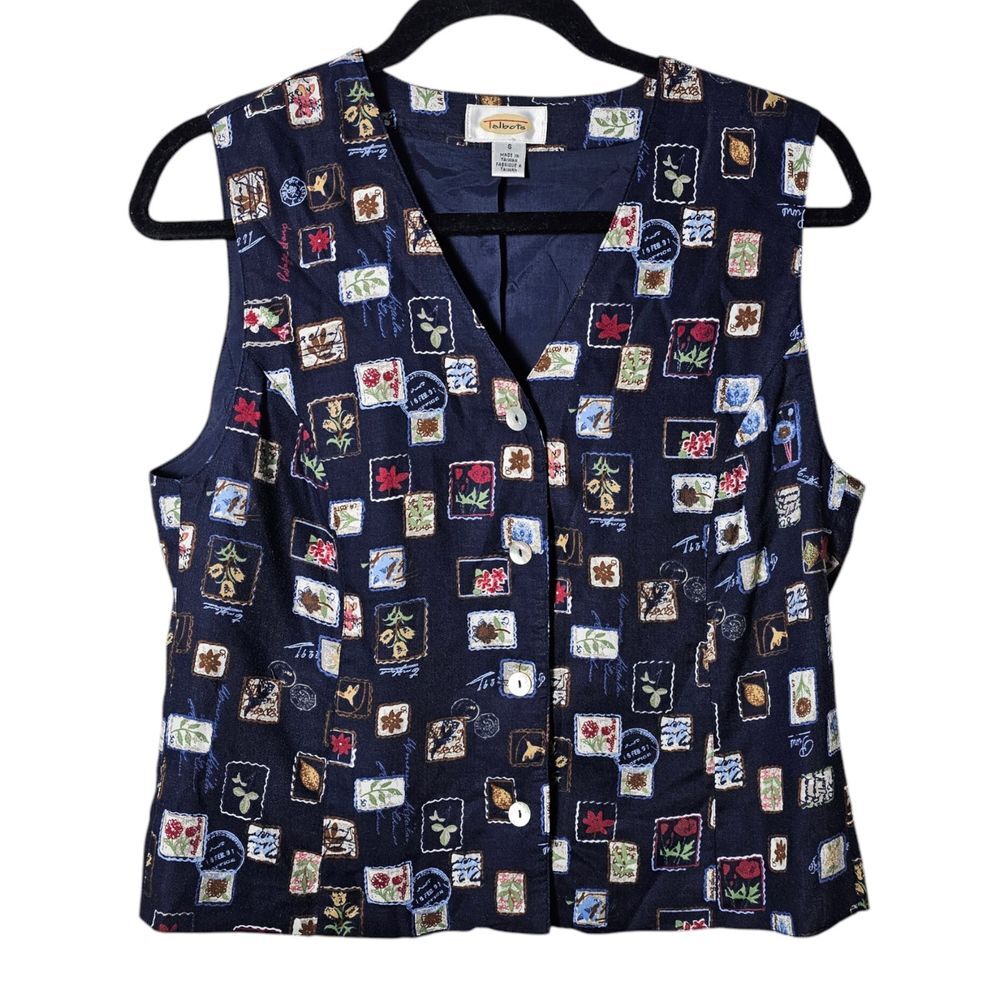 VTG Talbots S Vest‎ Navy Floral Novelty Print Rayon Lined Button 90s Cottagecore